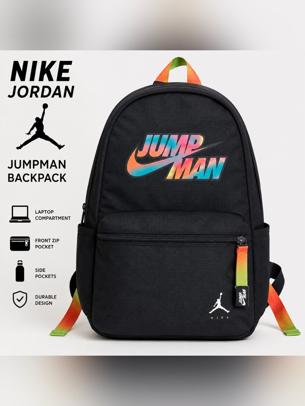 Nike Jordan Jumpman Black Backpack Rainbow Gradient Logo Laptop Book Bag
